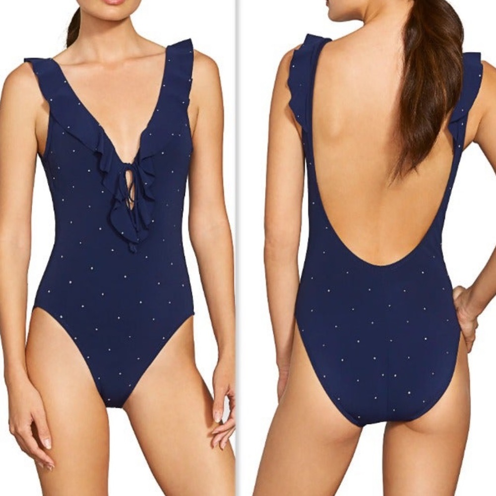 Robin Piccone Jennie Plunge One-Piece Swimsuit size 14 Blue White Polka Dot